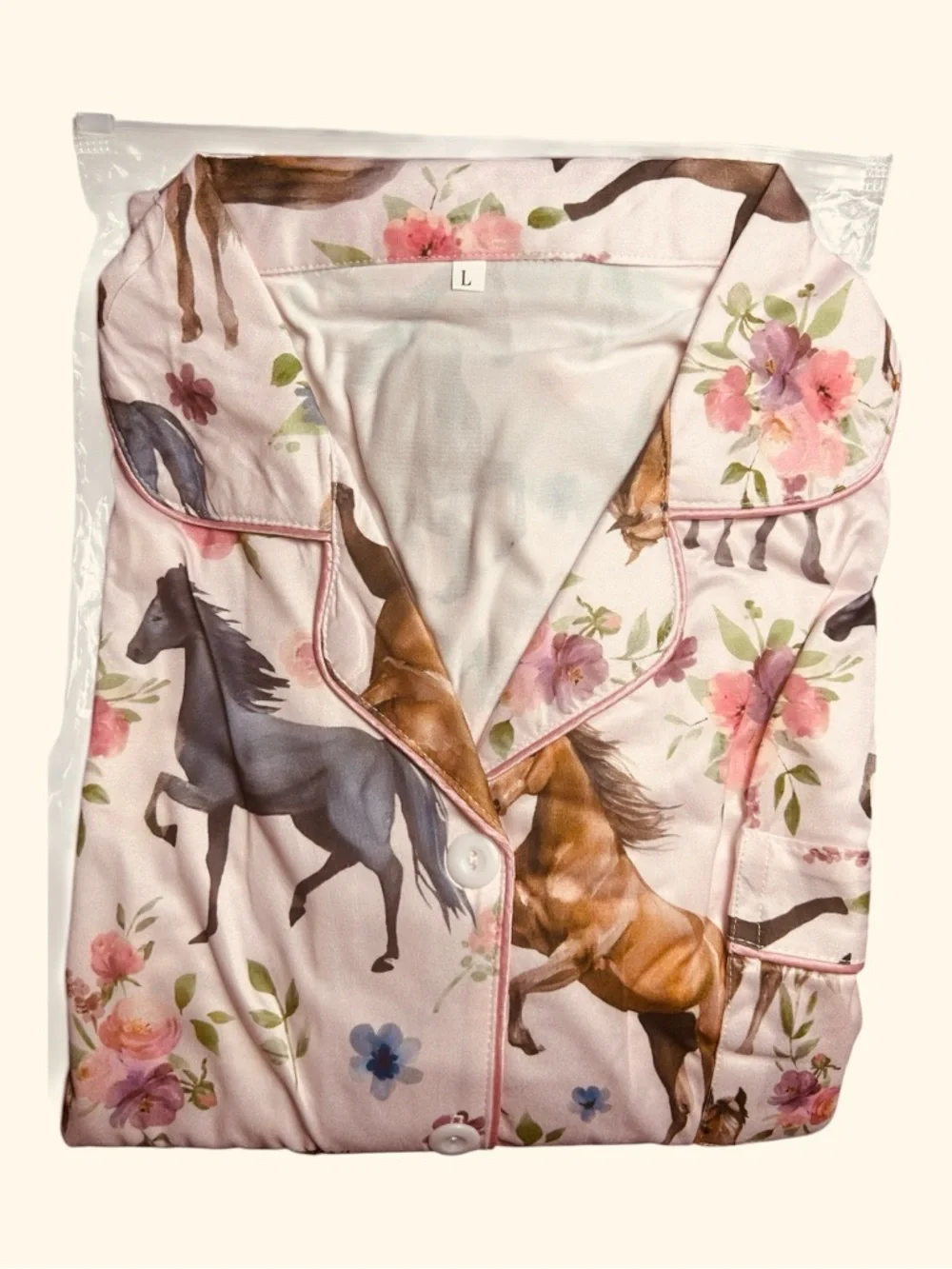 Horse Print Pajamas Set Pink Blue Short Sleeves Short Pants Size L Equestrian